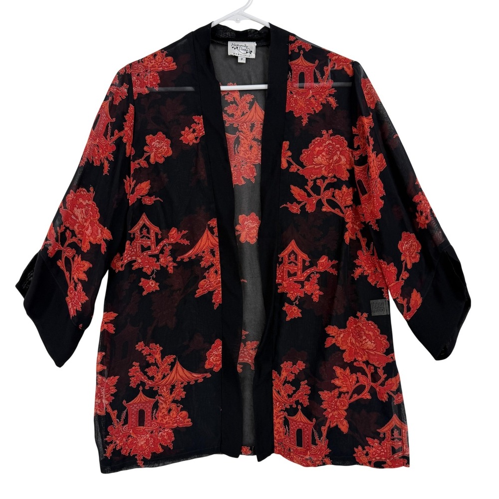 Naturally Petite Hawaii Blouse Womens‎ P Black Red Floral Sheer Kimono Cardigan